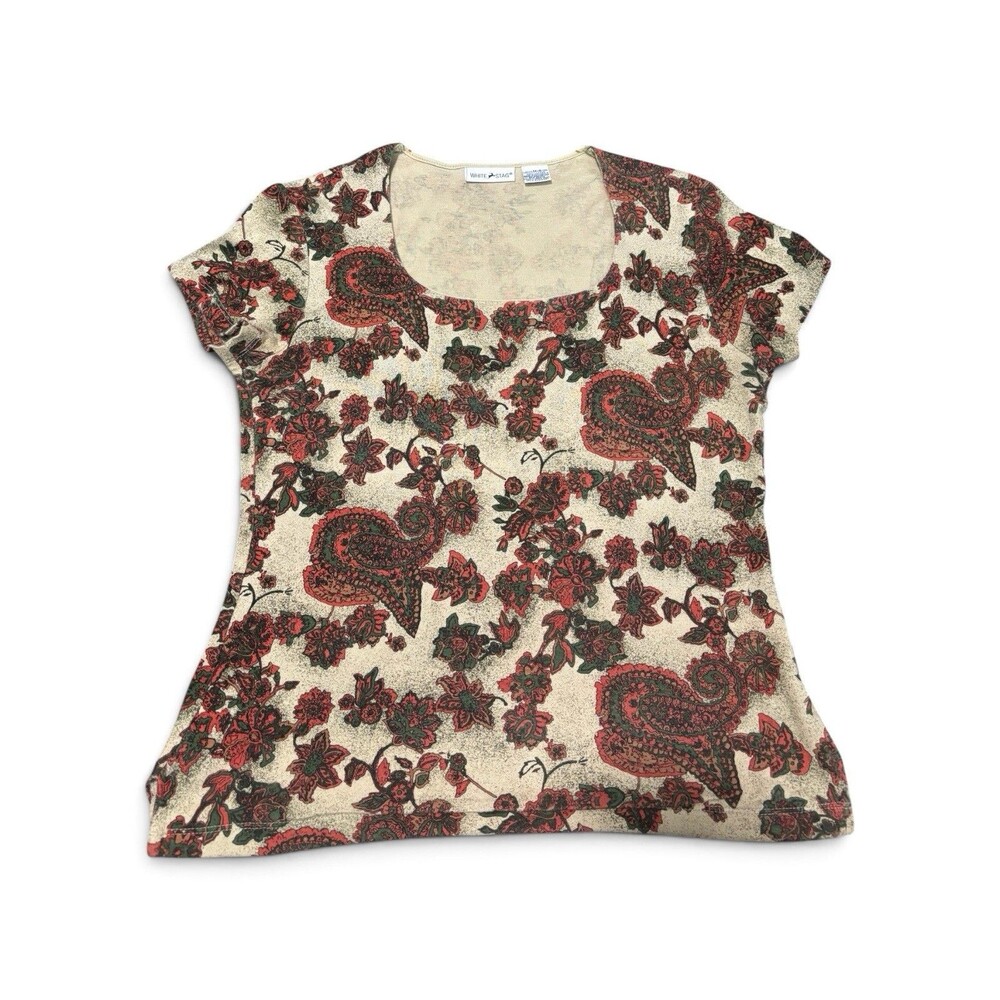 Vintage Y2K Women’s Boho White Stag Top Paisley Floral Cream T-shirt Size Medium